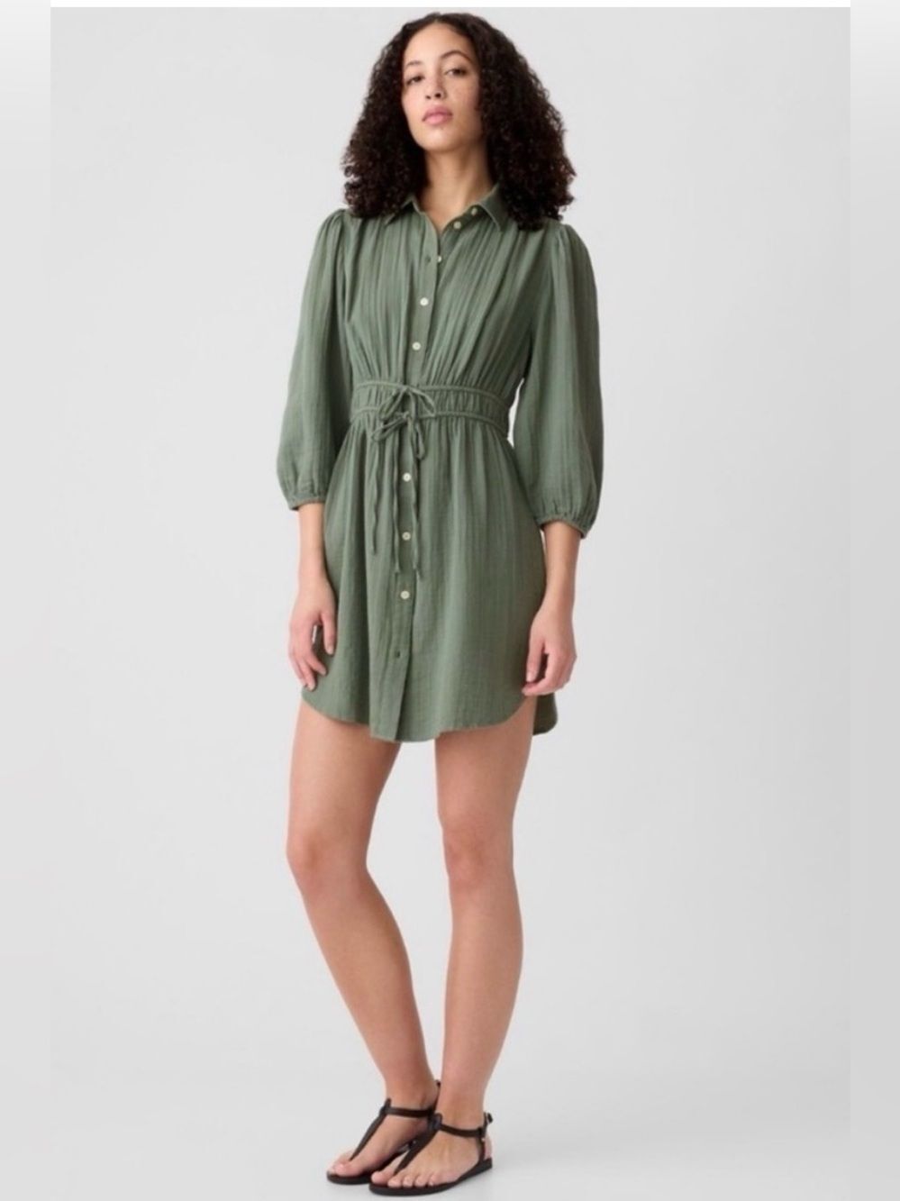 Gap Crinkle Cotton Gauze Woven Shirtdress Medium Relaxed LAUREL WREATH GREEN